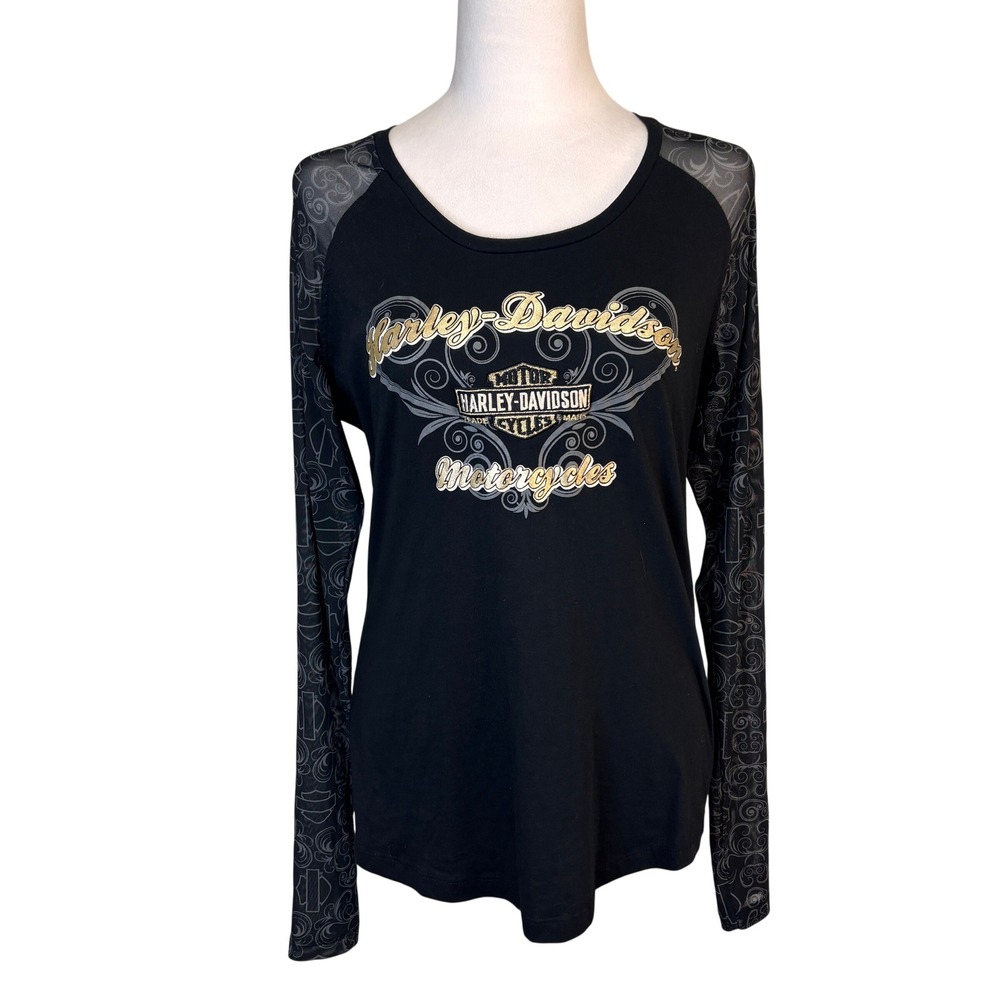 Harley-Davidson Mesh Sleeve Shirt Womens L Black Orlando FL Graphic Biker Moto‎